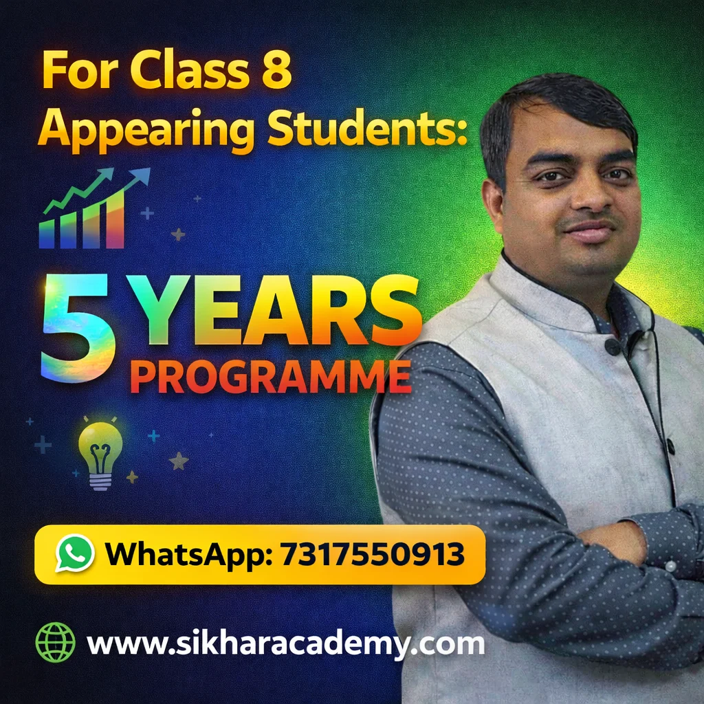 5 years foundation programme for class 8 appearing students poster by Sikhar Academy promoting long-term academic preparation with contact details and website.