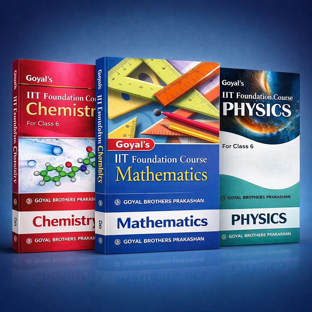 Three IIT Foundation Course books for Class 6 — Chemistry, Mathematics, and Physics by Goyal Brothers Prakashan — displayed on a blue background.