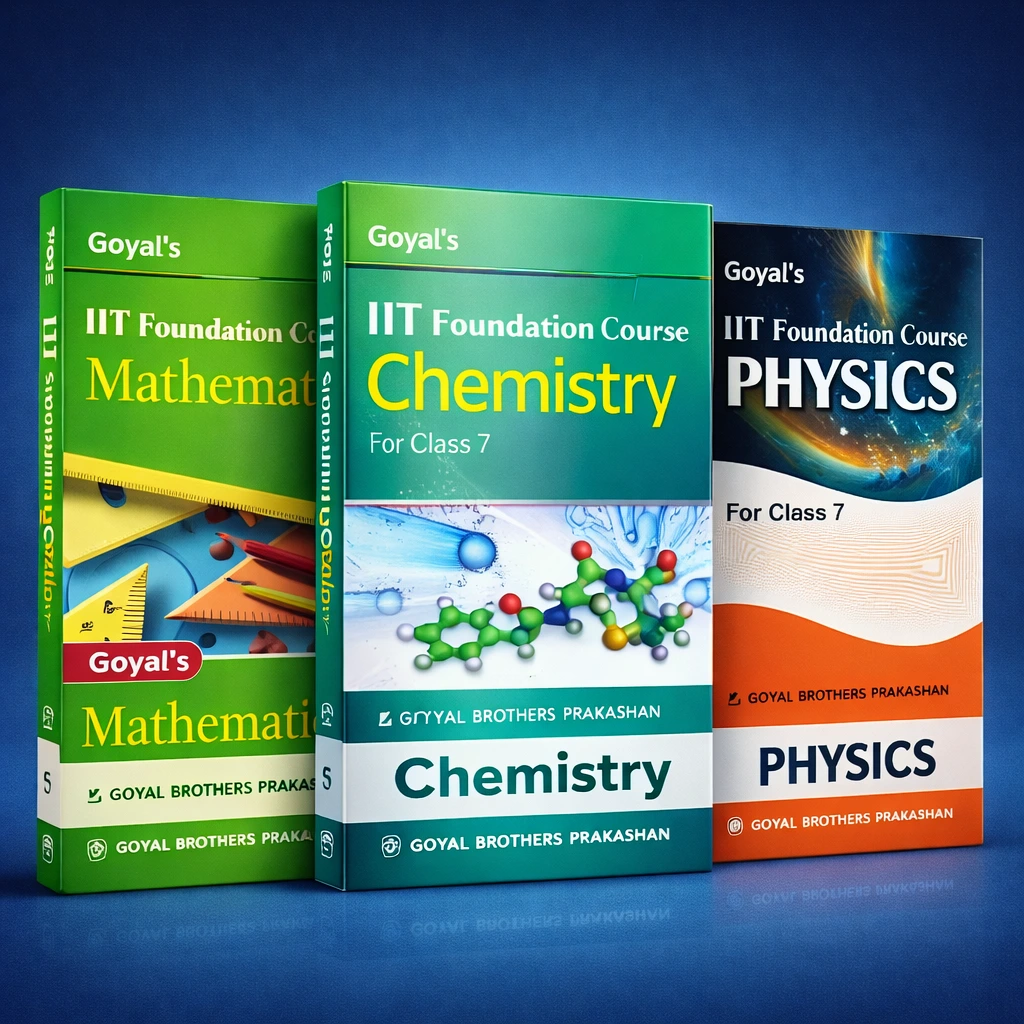 IIT Foundation Course books for Class 7 including Mathematics, Chemistry, and Physics by Goyal Brothers Prakashan displayed on a blue background.