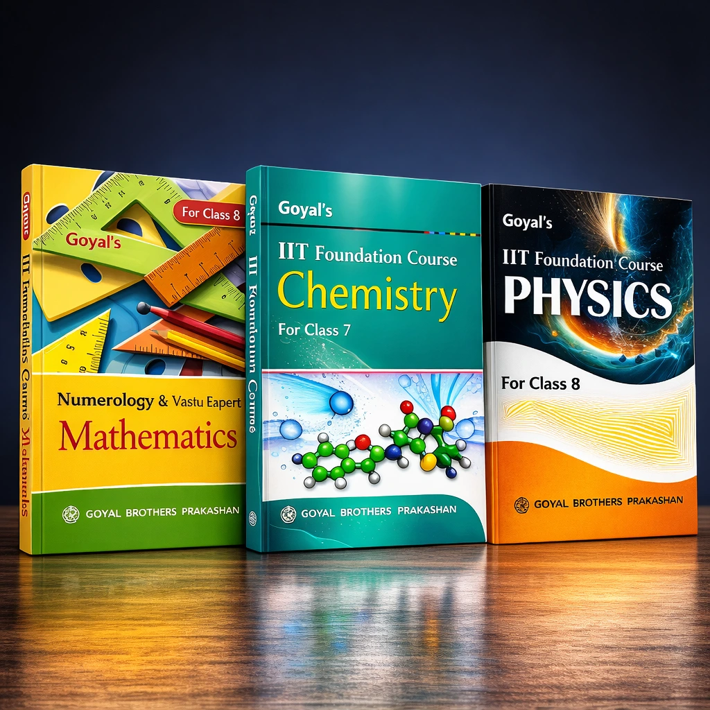 IIT Foundation Course books by Goyal Brothers Prakashan including Mathematics, Chemistry, and Physics for Class 7 and Class 8 displayed on a wooden surface with a blue background.