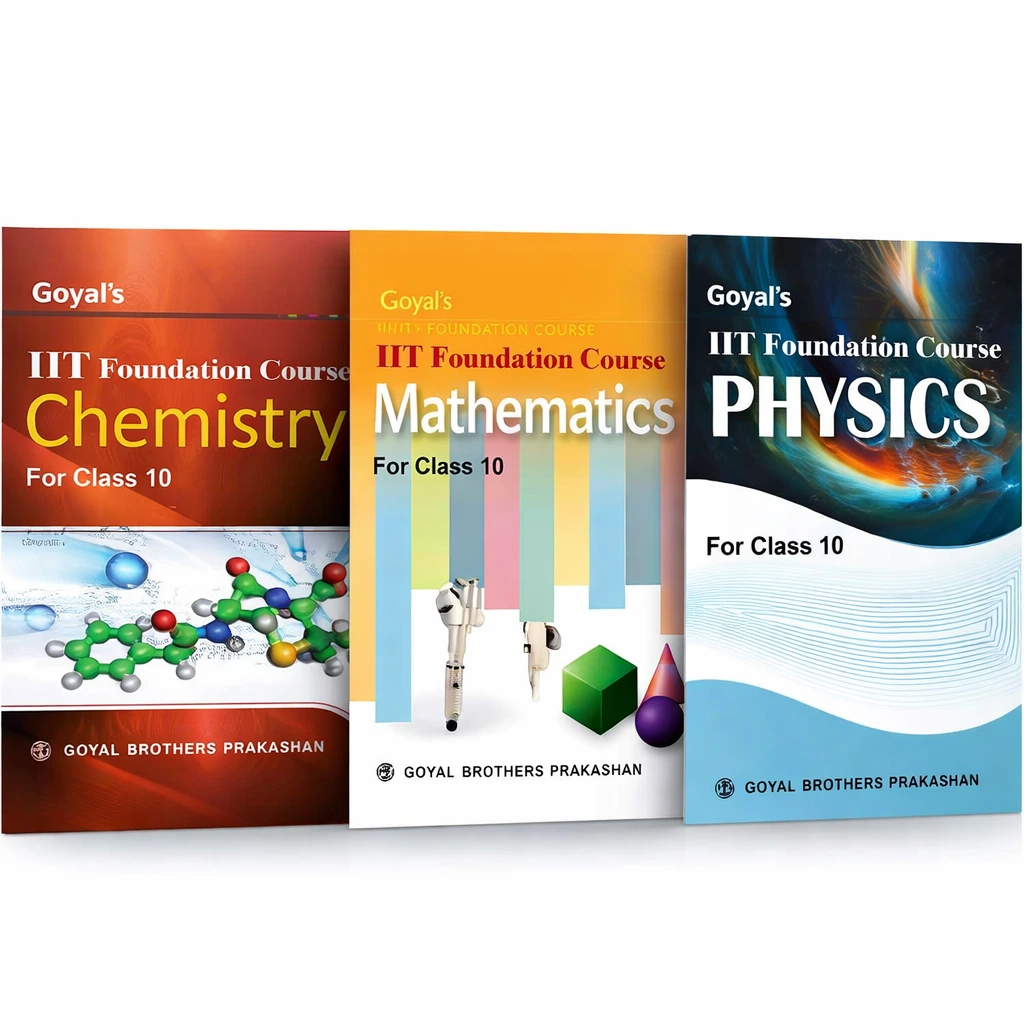 IIT Foundation Course books for Class 10 including Chemistry, Mathematics, and Physics by Goyal Brothers Prakashan displayed on a clean white background.