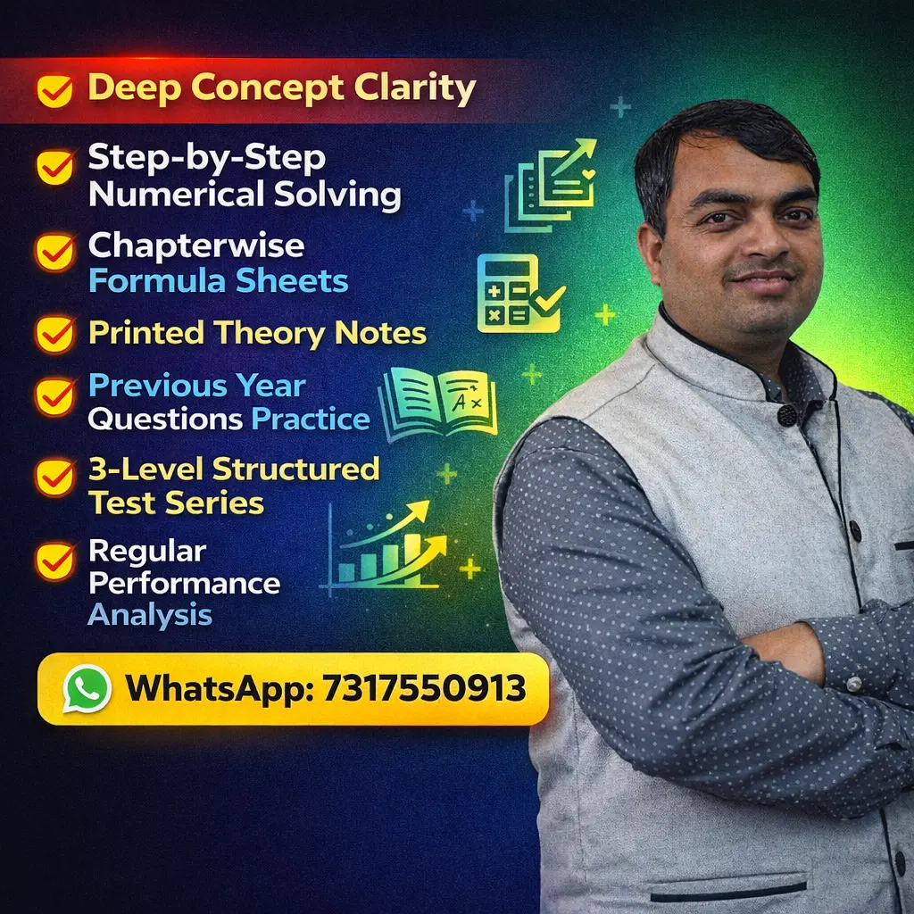 Mathematics coaching poster highlighting deep concept clarity, step-by-step numerical solving, formula sheets, printed theory notes, previous year questions practice, structured test series, and performance analysis with WhatsApp contact: 7317550913.
