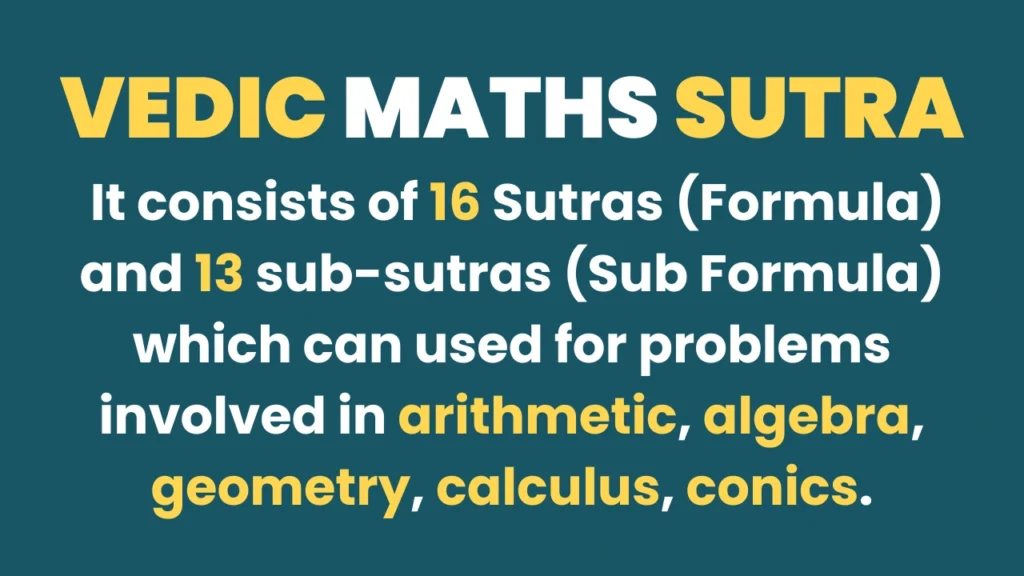 Vedic Maths Sutra explanation showing 16 sutras and 13 sub-sutras used for arithmetic, algebra, geometry, calculus and conics problem solving