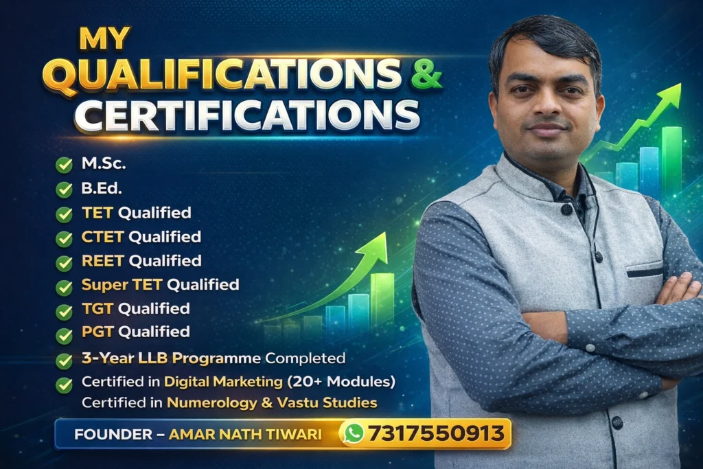 Amar Nath Tiwari founder of Sikhar Academy Arjunganj Lucknow showing qualifications including MSc, BEd, TET, CTET, REET, Super TET, TGT and PGT for Class 3 to 12 coaching