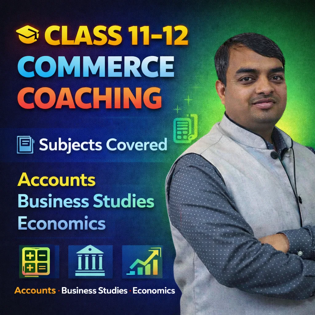 Class 11–12 Commerce coaching poster showing subjects Accounts, Business Studies, and Economics offered at Sikhar Academy.