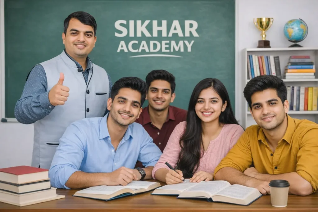 Teacher with students studying together in a classroom at Sikhar Academy representing mentorship and academic learning.