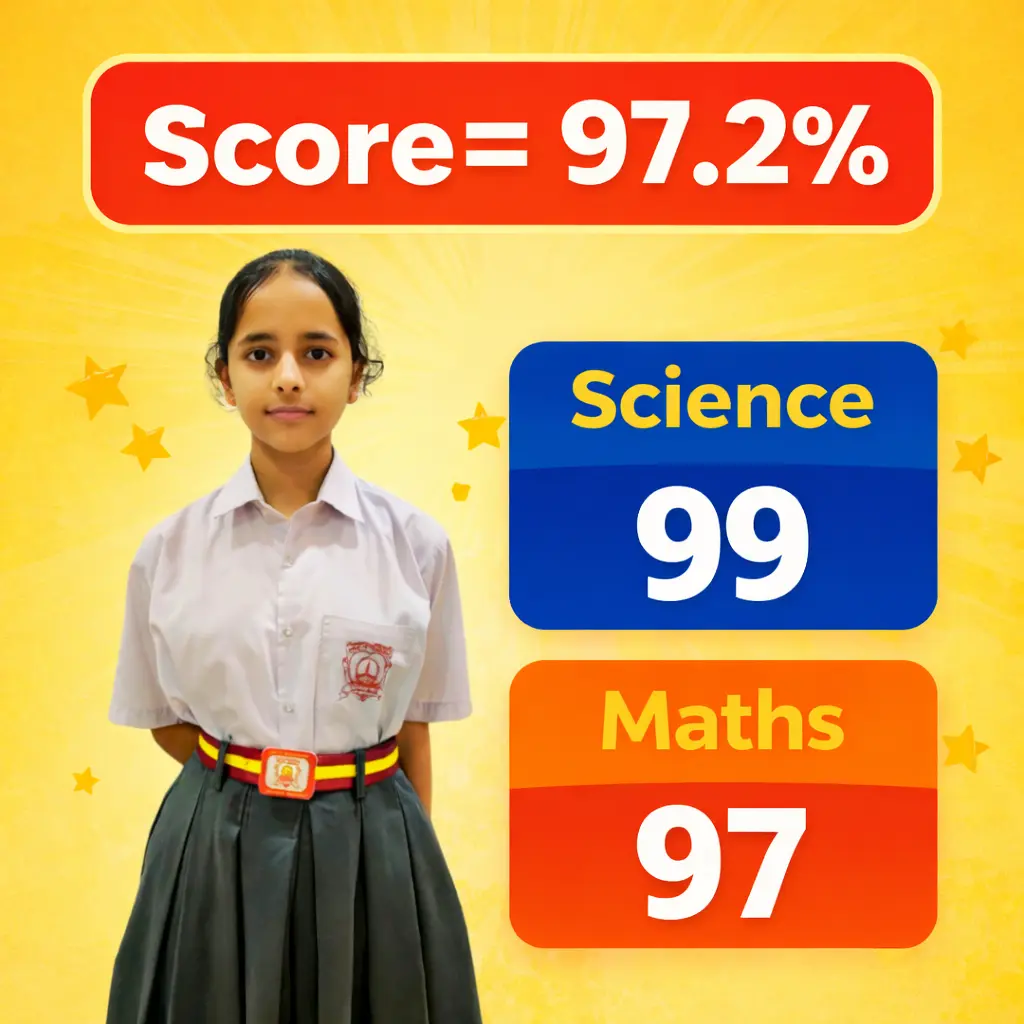 Student achievement poster showing a girl scoring 97.2 percent with 99 in Science and 97 in Maths from Sikhar Academy.