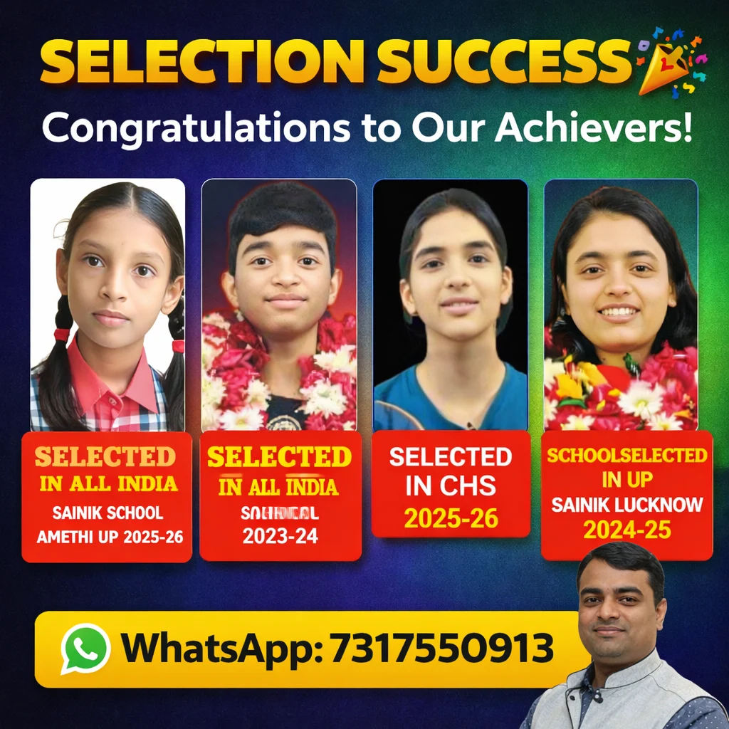 Student selection success poster showing achievers selected in Sainik School Amethi, Sainik School Lucknow, and CHS with congratulations message from Sikhar Academy.